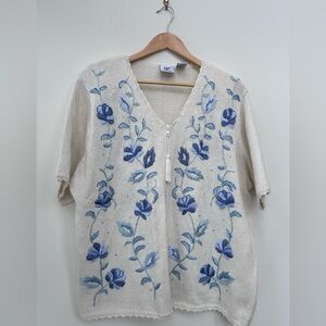 Maggie Lawrence blue cream floral embroidered zip sweater short sleeve cardigan